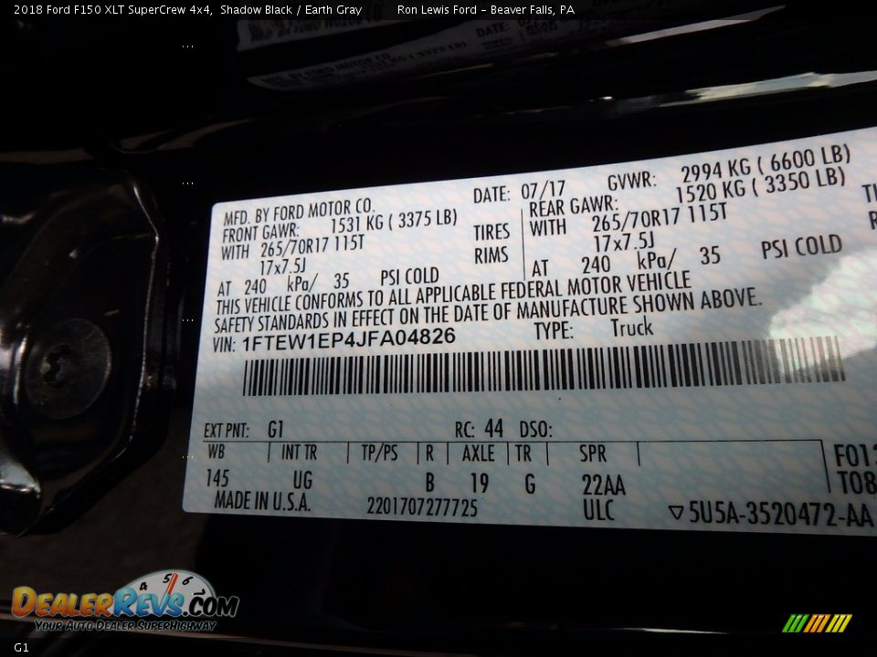 Ford Color Code G1 Shadow Black