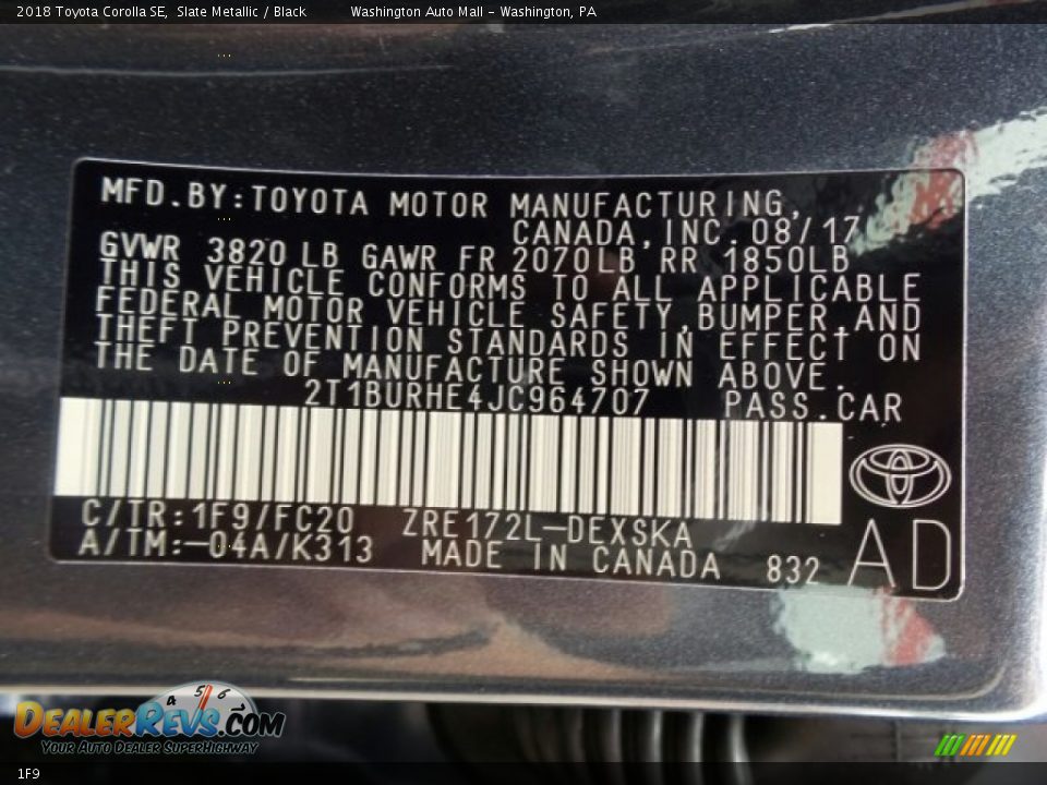 Toyota Color Code 1F9 Slate Metallic