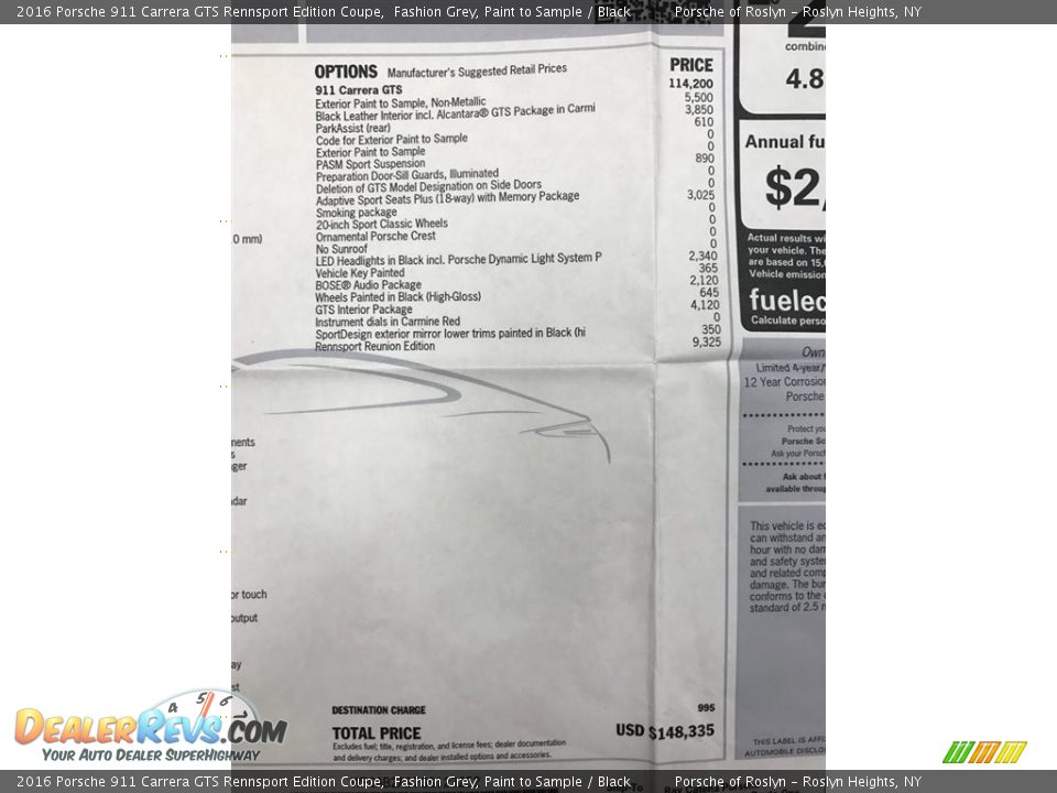 2016 Porsche 911 Carrera GTS Rennsport Edition Coupe Window Sticker Photo #31