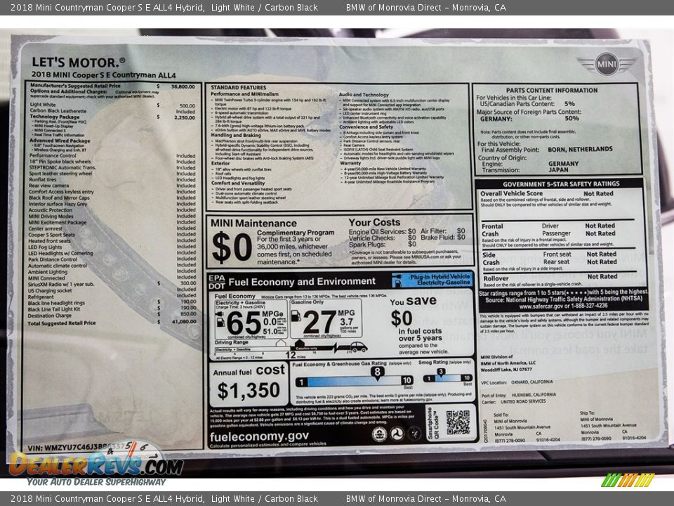 2018 Mini Countryman Cooper S E ALL4 Hybrid Window Sticker Photo #10