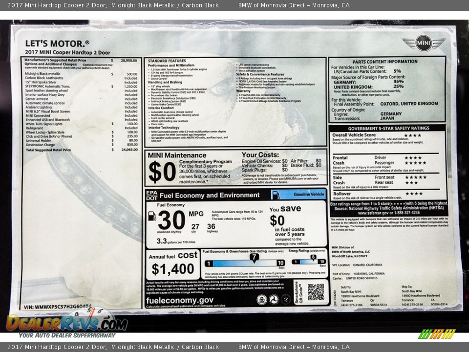 2017 Mini Hardtop Cooper 2 Door Midnight Black Metallic / Carbon Black Photo #10