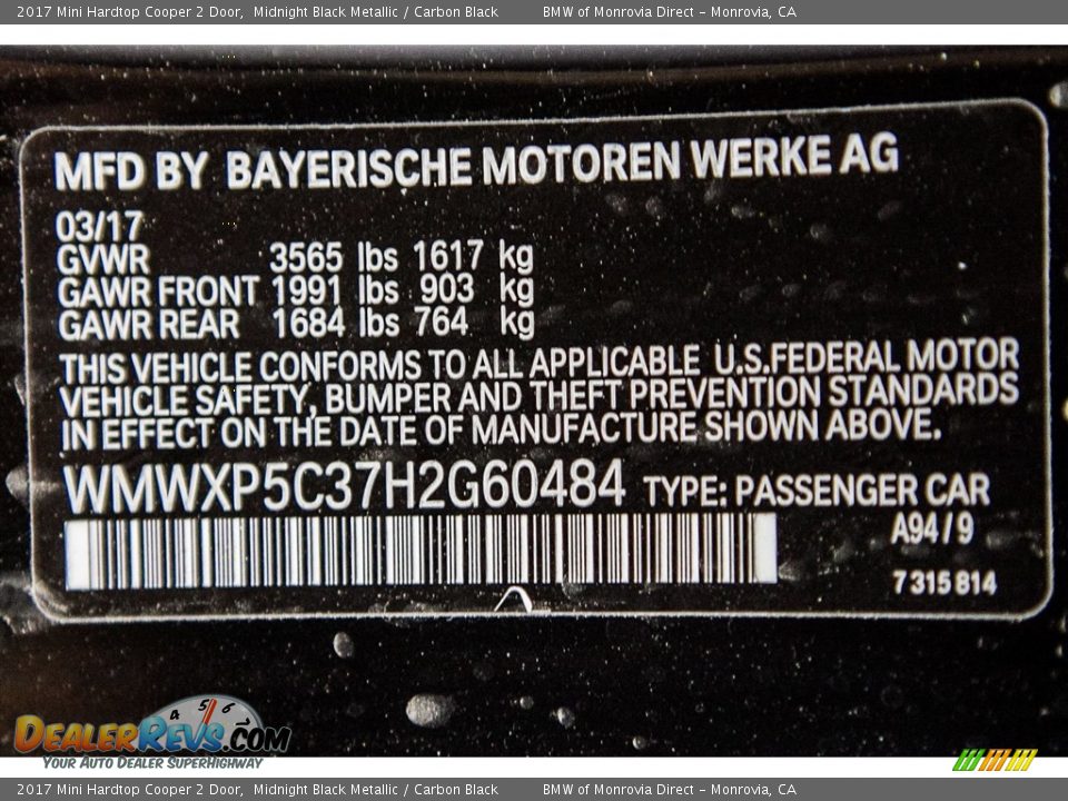 2017 Mini Hardtop Cooper 2 Door Midnight Black Metallic / Carbon Black Photo #11