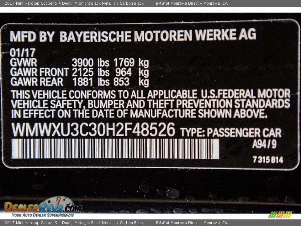2017 Mini Hardtop Cooper S 4 Door Midnight Black Metallic / Carbon Black Photo #11