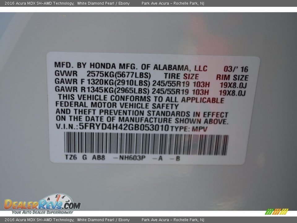 2016 Acura MDX SH-AWD Technology White Diamond Pearl / Ebony Photo #35