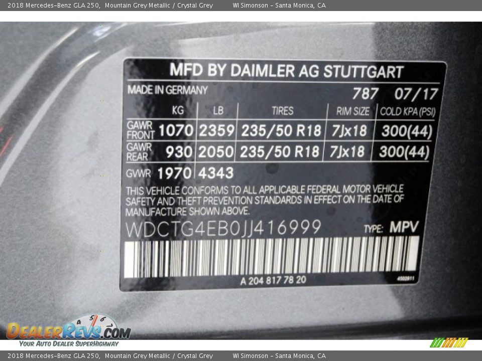 2018 Mercedes-Benz GLA 250 Mountain Grey Metallic / Crystal Grey Photo #10
