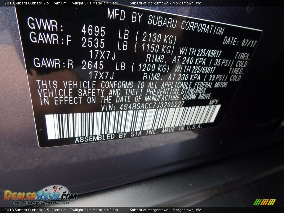 2018 Subaru Outback 2.5i Premium Twilight Blue Metallic / Black Photo #15