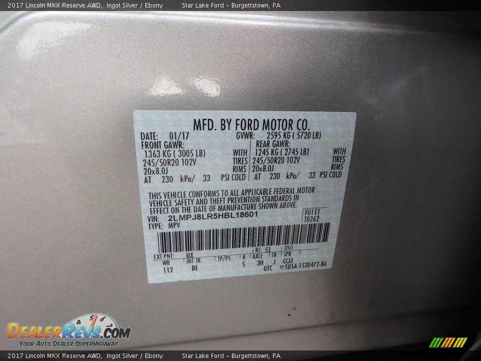 2017 Lincoln MKX Reserve AWD Ingot Silver / Ebony Photo #14