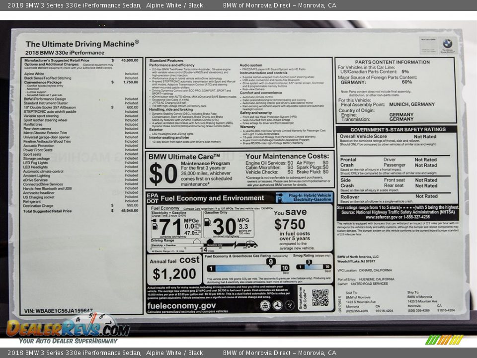 2018 BMW 3 Series 330e iPerformance Sedan Alpine White / Black Photo #10