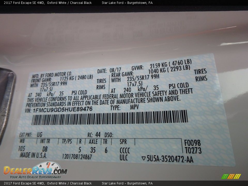 2017 Ford Escape SE 4WD Oxford White / Charcoal Black Photo #13