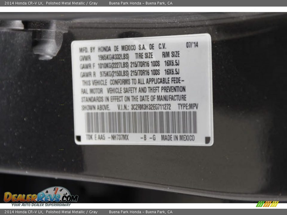 2014 Honda CR-V LX Polished Metal Metallic / Gray Photo #30