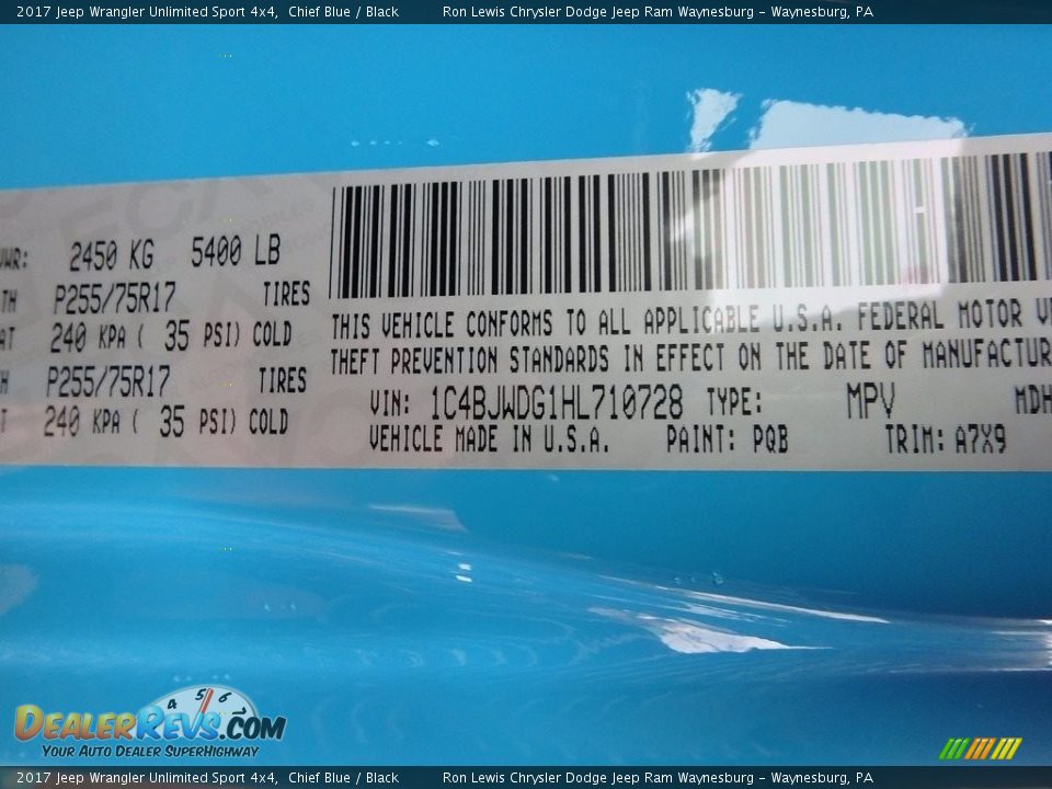 2017 Jeep Wrangler Unlimited Sport 4x4 Chief Blue / Black Photo #14