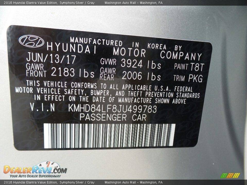 2018 Hyundai Elantra Value Edition Symphony Silver / Gray Photo #8