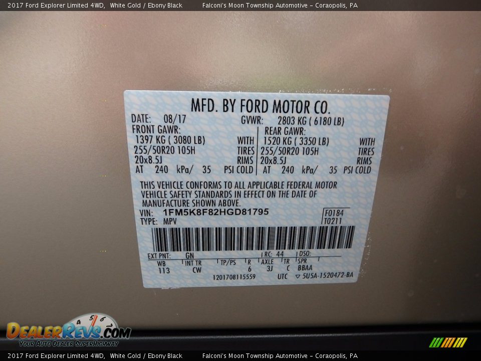 2017 Ford Explorer Limited 4WD White Gold / Ebony Black Photo #12