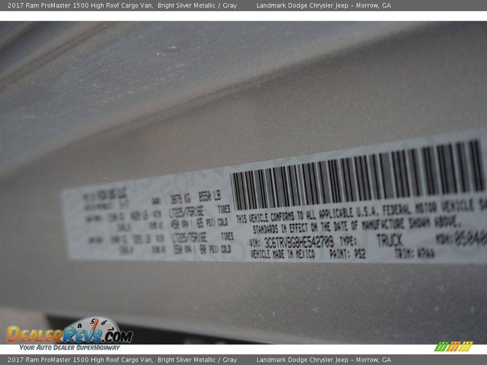 2017 Ram ProMaster 1500 High Roof Cargo Van Bright Silver Metallic / Gray Photo #8