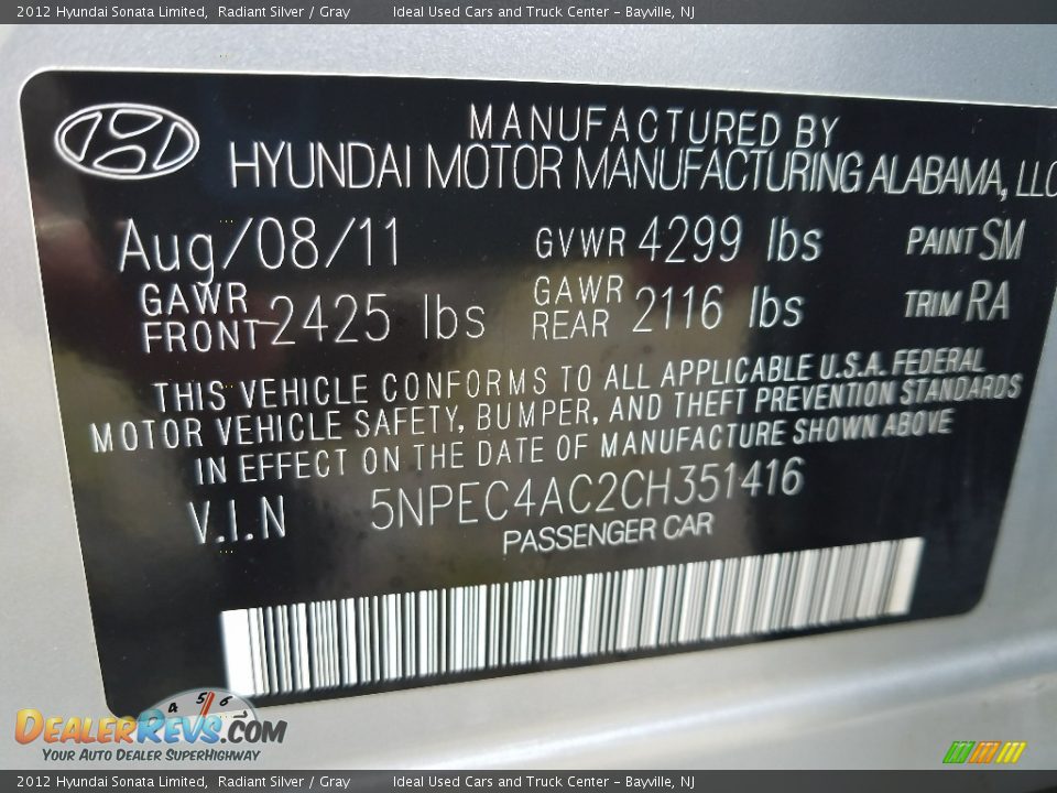 2012 Hyundai Sonata Limited Radiant Silver / Gray Photo #25
