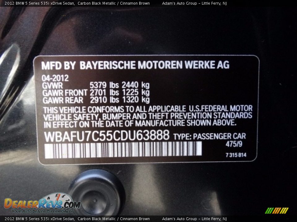 2012 BMW 5 Series 535i xDrive Sedan Carbon Black Metallic / Cinnamon Brown Photo #9