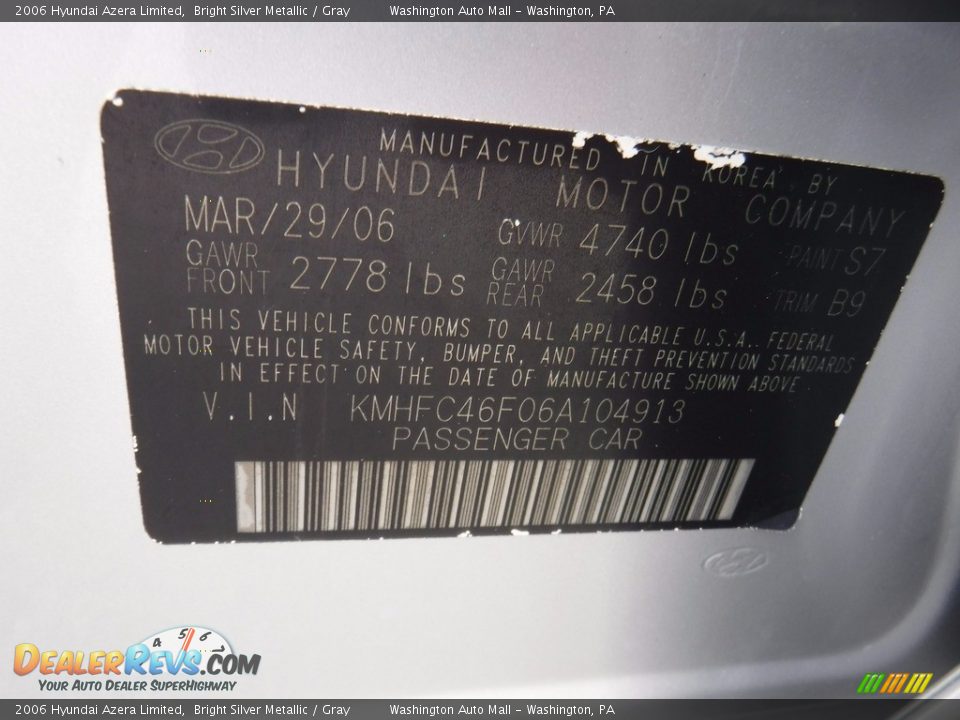 2006 Hyundai Azera Limited Bright Silver Metallic / Gray Photo #27