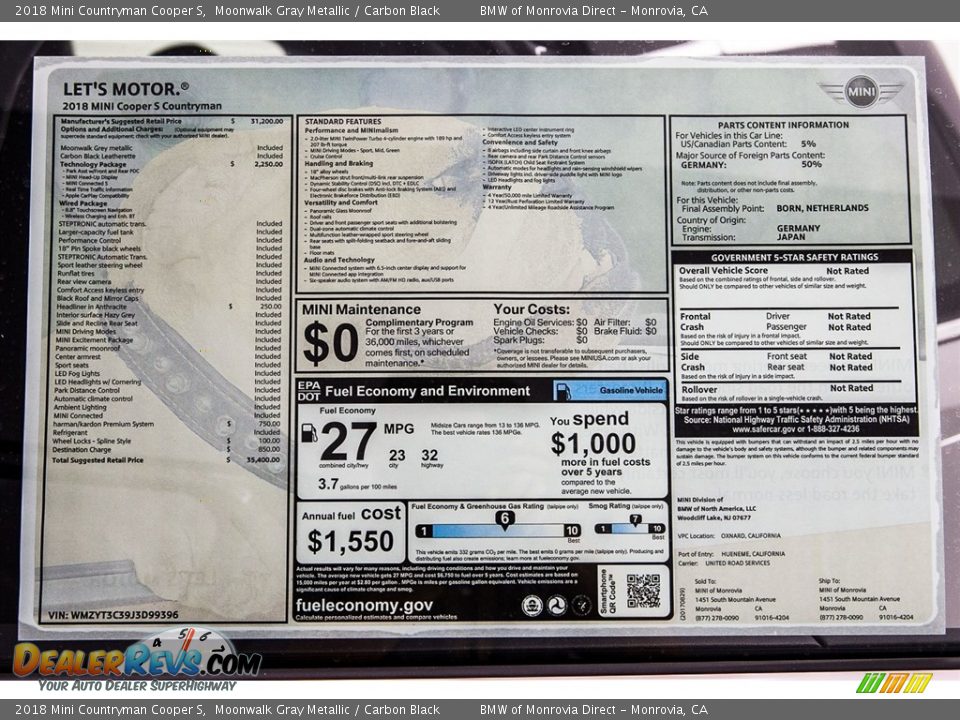 2018 Mini Countryman Cooper S Moonwalk Gray Metallic / Carbon Black Photo #10