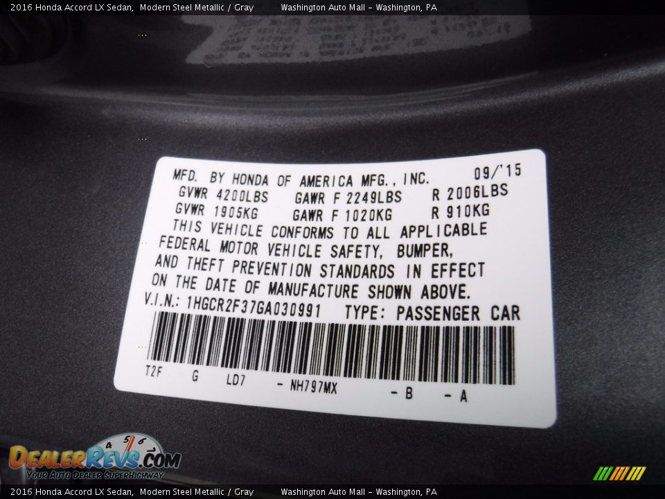 2016 Honda Accord LX Sedan Modern Steel Metallic / Gray Photo #24