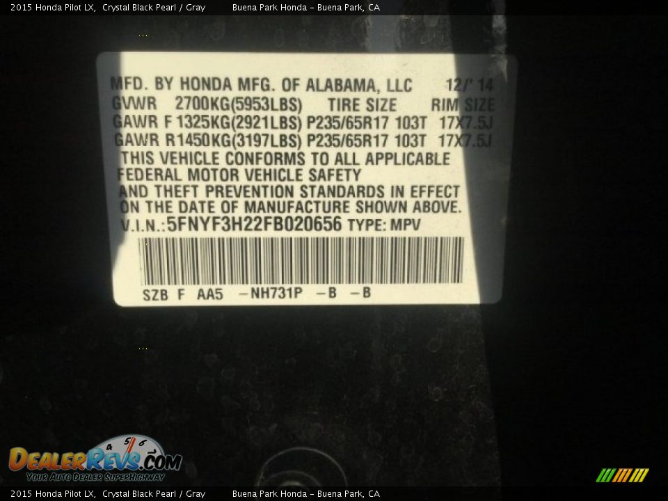 2015 Honda Pilot LX Crystal Black Pearl / Gray Photo #5