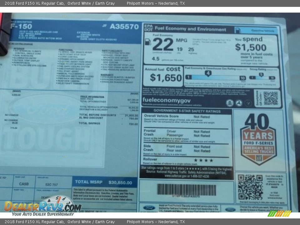 2018 Ford F150 XL Regular Cab Window Sticker Photo #11