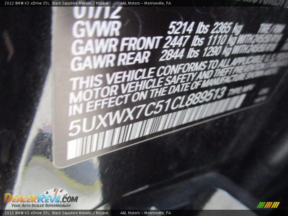 2012 BMW X3 xDrive 35i Black Sapphire Metallic / Mojave Photo #19