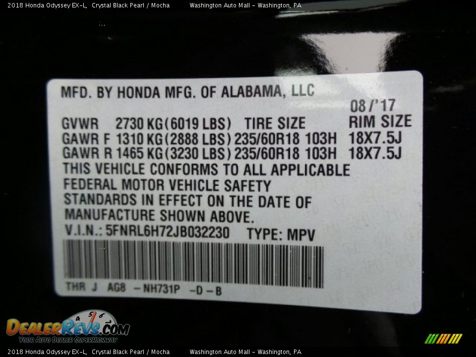 2018 Honda Odyssey EX-L Crystal Black Pearl / Mocha Photo #8