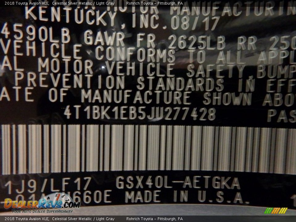 2018 Toyota Avalon XLE Celestial Silver Metallic / Light Gray Photo #10