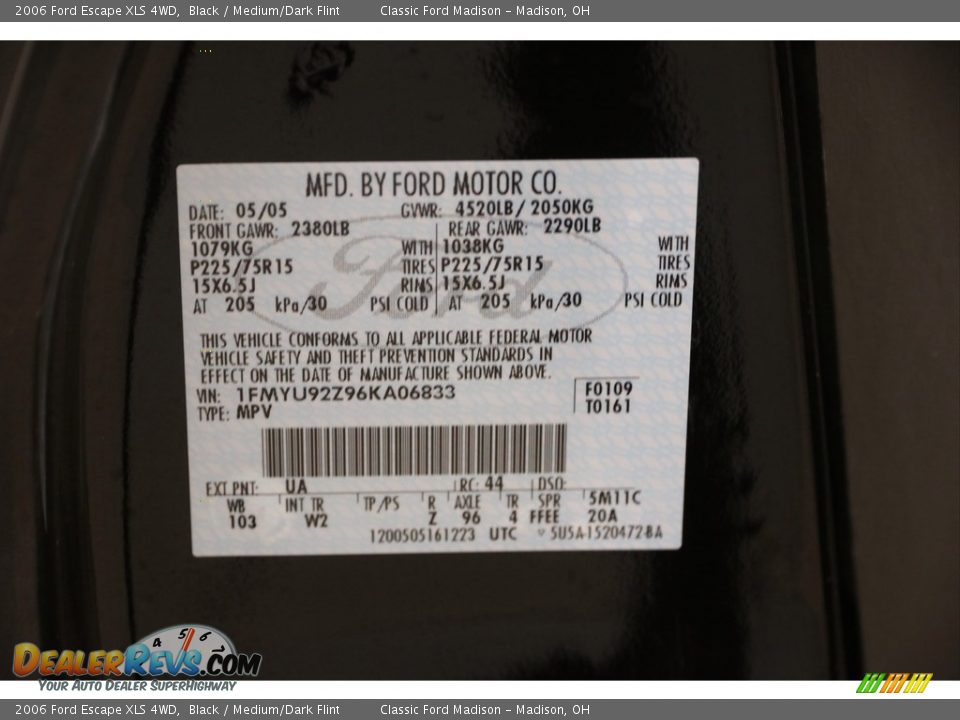 2006 Ford Escape XLS 4WD Black / Medium/Dark Flint Photo #15