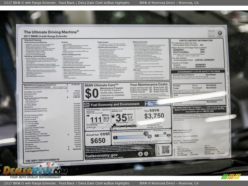 2017 BMW i3 with Range Extender Fluid Black / Deka Dark Cloth w/Blue Highlights Photo #12