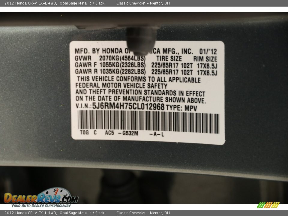 2012 Honda CR-V EX-L 4WD Opal Sage Metallic / Black Photo #17