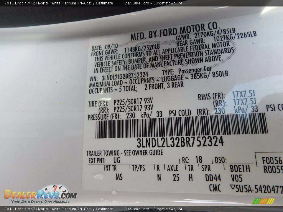 2011 Lincoln MKZ Hybrid White Platinum Tri-Coat / Cashmere Photo #4