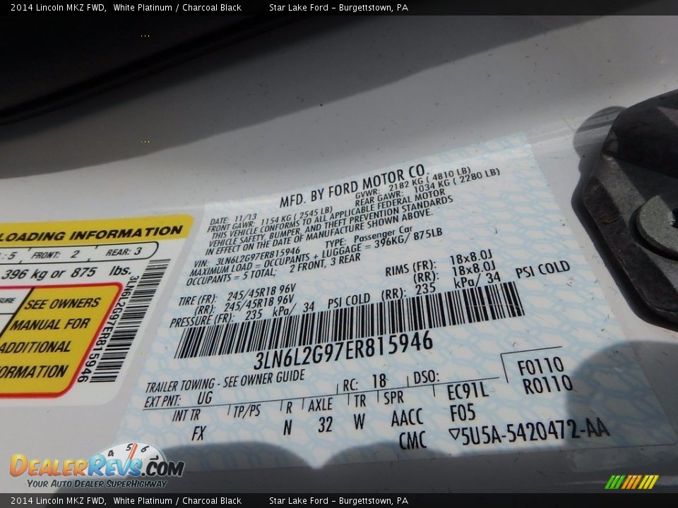 2014 Lincoln MKZ FWD White Platinum / Charcoal Black Photo #4