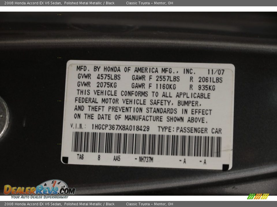 2008 Honda Accord EX V6 Sedan Polished Metal Metallic / Black Photo #19