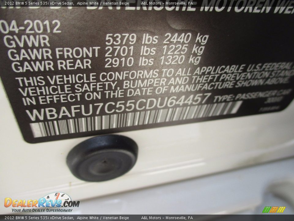 2012 BMW 5 Series 535i xDrive Sedan Alpine White / Venetian Beige Photo #19