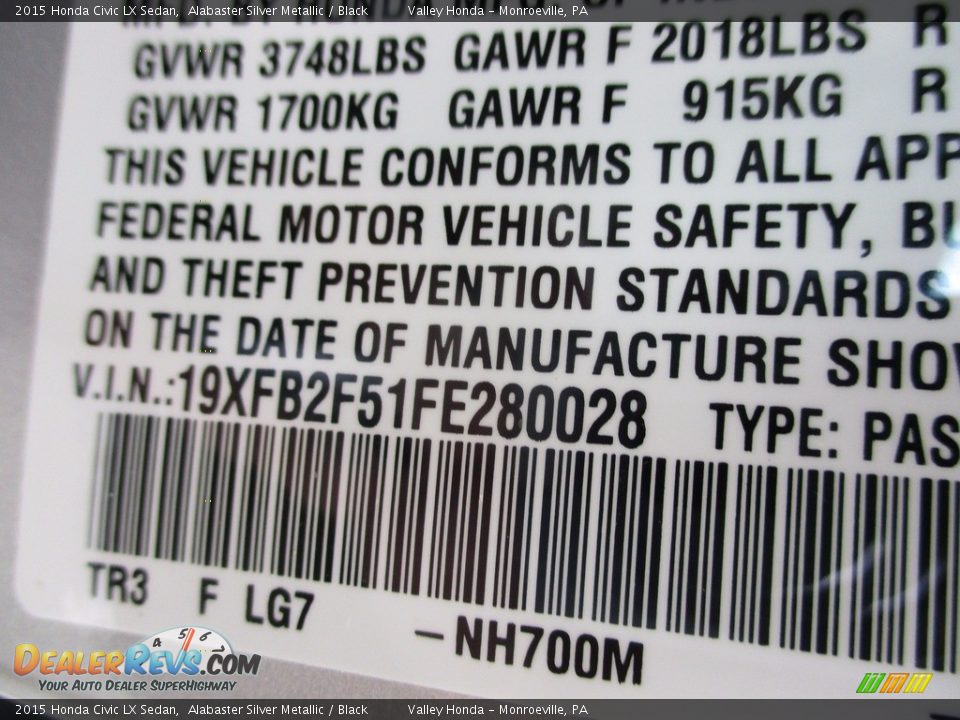 2015 Honda Civic LX Sedan Alabaster Silver Metallic / Black Photo #19