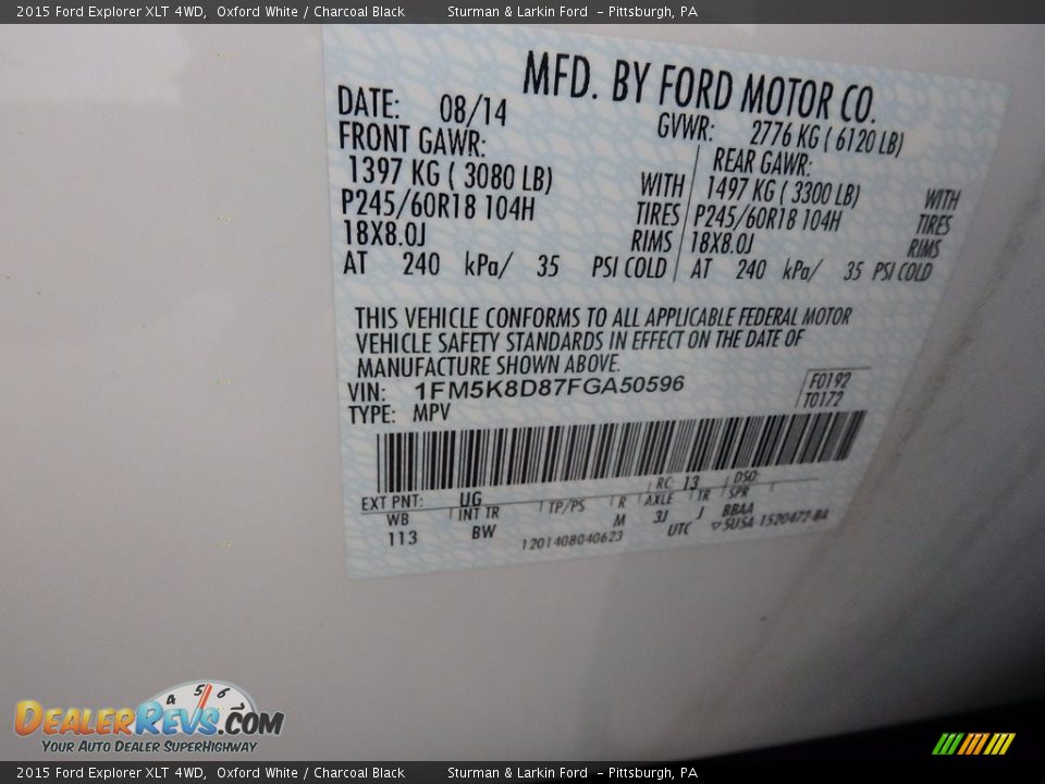 2015 Ford Explorer XLT 4WD Oxford White / Charcoal Black Photo #11