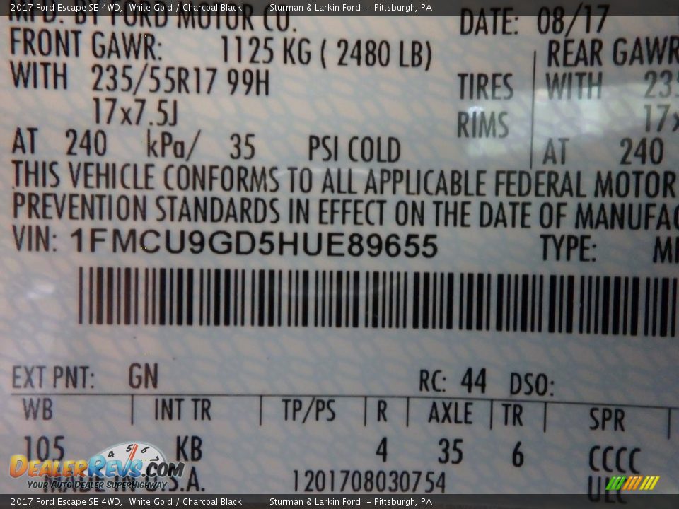 2017 Ford Escape SE 4WD White Gold / Charcoal Black Photo #10