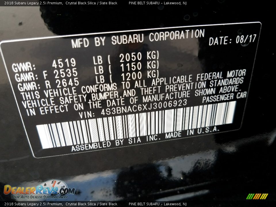 2018 Subaru Legacy 2.5i Premium Crystal Black Silica / Slate Black Photo #9
