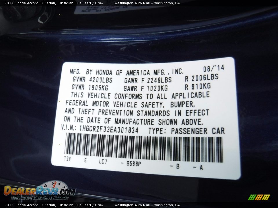 2014 Honda Accord LX Sedan Obsidian Blue Pearl / Gray Photo #23