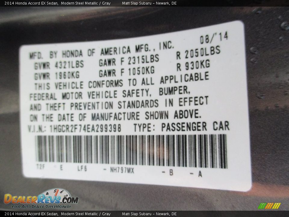 2014 Honda Accord EX Sedan Modern Steel Metallic / Gray Photo #29