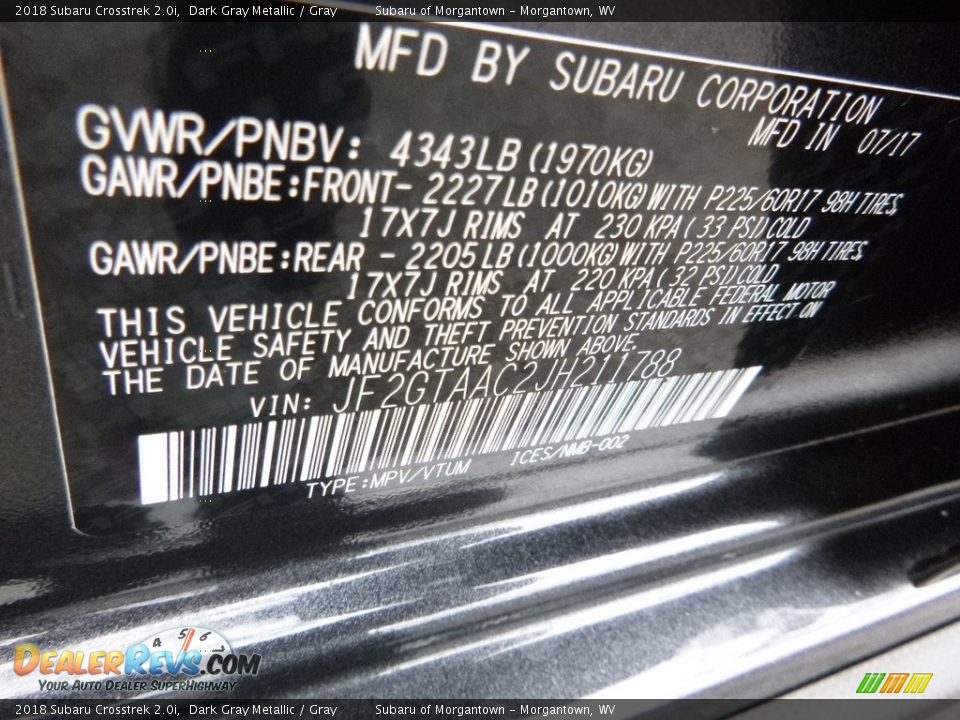 2018 Subaru Crosstrek 2.0i Dark Gray Metallic / Gray Photo #15