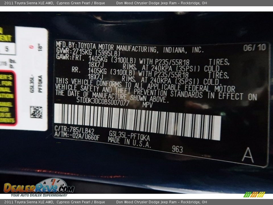 2011 Toyota Sienna XLE AWD Cypress Green Pearl / Bisque Photo #36