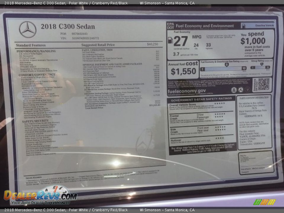 2018 Mercedes-Benz C 300 Sedan Polar White / Cranberry Red/Black Photo #11