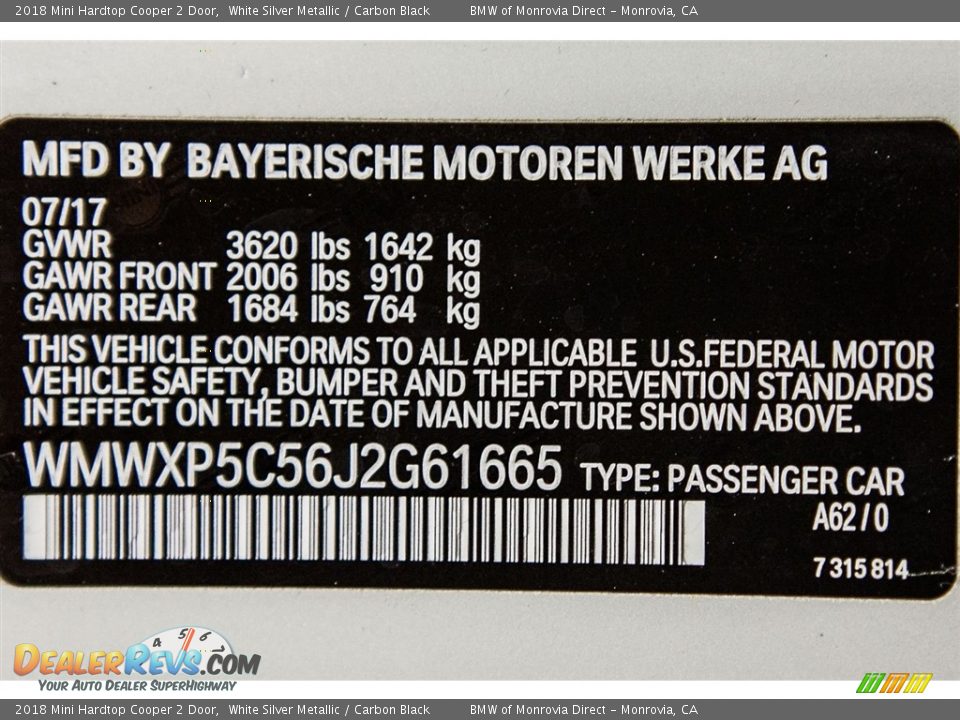 2018 Mini Hardtop Cooper 2 Door White Silver Metallic / Carbon Black Photo #11
