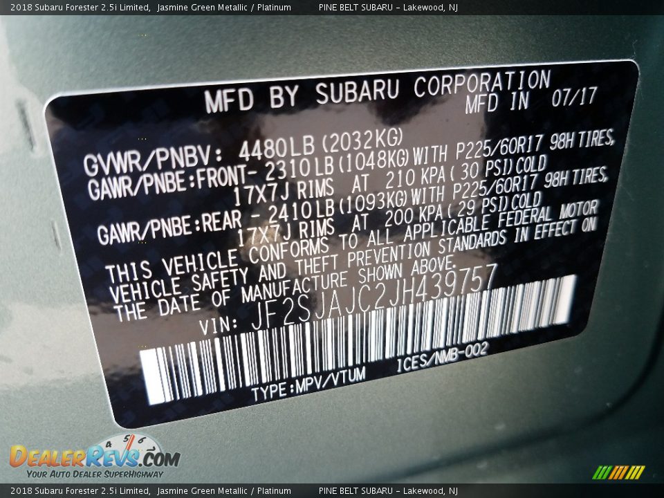2018 Subaru Forester 2.5i Limited Jasmine Green Metallic / Platinum Photo #9