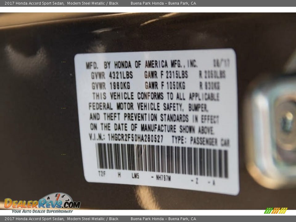 2017 Honda Accord Sport Sedan Modern Steel Metallic / Black Photo #16