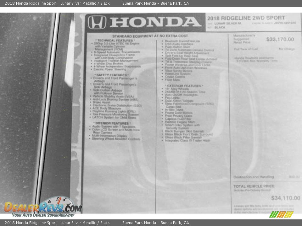 2018 Honda Ridgeline Sport Window Sticker Photo #16