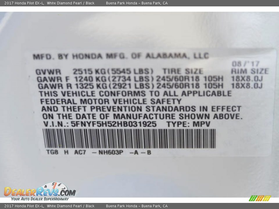 2017 Honda Pilot EX-L White Diamond Pearl / Black Photo #20