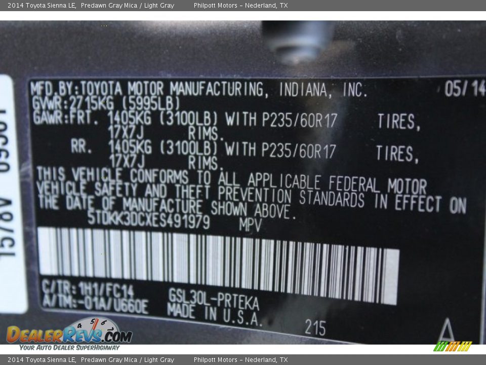 2014 Toyota Sienna LE Predawn Gray Mica / Light Gray Photo #35